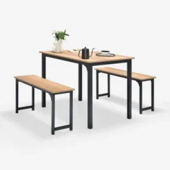 Costway Modern 3 PCS Dining Table Bench Set W/ Metal Frame & Wooden Tabletop -Dine Furniture GUEST b045b5b9 5458 4a38 8d63 00a42b2f574f