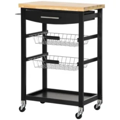 HOMCOM 3-Tier Utility Kitchen Cart With Handle Bar, Steel Basket Rolling Cart, Food Storage Service Trolley With Drawer, Rubber Wood Top, Black -Dine Furniture GUEST b16e0633 889b 40d7 879d 6786f2edf698