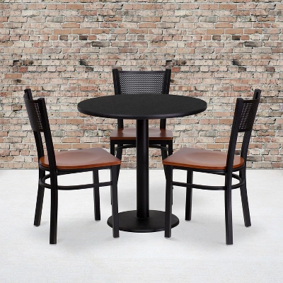 Flash Furniture 30'' Round Black Laminate Table Set With 3 Grid Back Metal Chairs - Cherry Wood Seat 3 Flash Furniture 30'' Round Black Laminate Table Set With 3 Grid Back Metal Chairs - Cherry Wood Seat