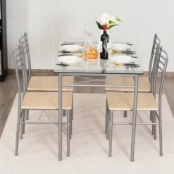 Costway 5 Piece Dining Set Table And 4 Chairs Glass Top Kitchen Breakfast Furniture Brown -Dine Furniture GUEST b249cafe e839 486b ba1e ffaa66d6fac3