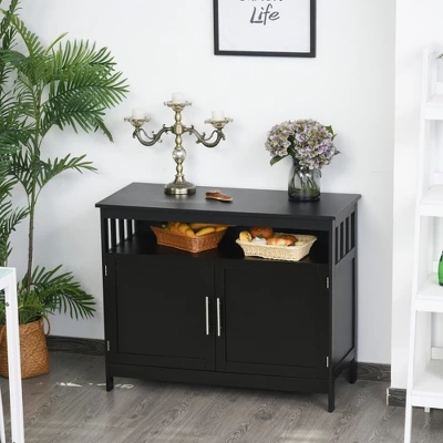 HOMCOM Kitchen Sideboard, Buffet Cabinet, Wooden Storage Console Table With 2-Level Cabinet And Open Shelf, Black 3 HOMCOM Kitchen Sideboard, Buffet Cabinet, Wooden Storage Console Table With 2-Level Cabinet And Open Shelf, Black