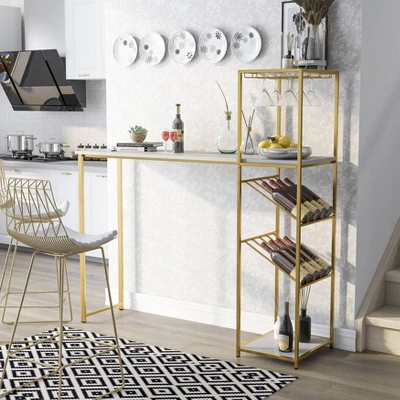 Bennis Bar Table With Wine Shelves High Gloss White/Gold Coated - HOMES: Inside + Out 3 Bennis Bar Table With Wine Shelves High Gloss White/Gold Coated - HOMES: Inside + Out