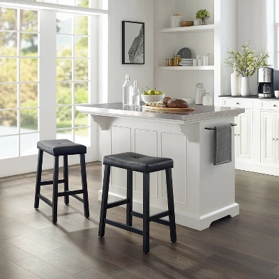 Julia Stainless Steel Top Kitchen Island With 2 Upholstered Saddle Counter Height Barstools White - Crosley 4 Julia Stainless Steel Top Kitchen Island With 2 Upholstered Saddle Counter Height Barstools White - Crosley - Image 2