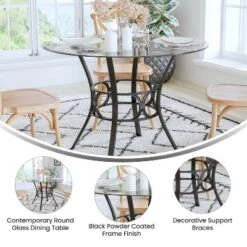 Emma And Oliver 42'' Round Glass Dining Table With Black Metal Frame -Dine Furniture GUEST b565a1cb fdd5 4005 9f6d aa52730455ef