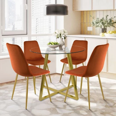 Hana + Bingo 5-Piece Round Clear Glass Dining Table Set With 4 Upholstered Chairs Gold Legs - The Pop Maison 9 Hana + Bingo 5-Piece Round Clear Glass Dining Table Set With 4 Upholstered Chairs Gold Legs - The Pop Maison - Image 7
