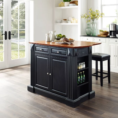 Coventry Drop Leaf Top Kitchen Island With Upholstered Square Stools Black - Crosley 3 Coventry Drop Leaf Top Kitchen Island With Upholstered Square Stools Black - Crosley