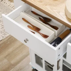HOMCOM Rolling Kitchen Island With Storage, Utility Kitchen Cart With 2 Drawers, 2 Cupboards, Towel Rack And Spice Rack For Dining Room, White -Dine Furniture GUEST b8824ac9 fed3 4124 9ff2 f025d096615b