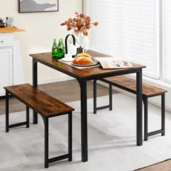 Costway Modern 3 PCS Dining Table Bench Set W/ Metal Frame & Wooden Tabletop -Dine Furniture GUEST bbdd3820 d260 49ec 9b06 d83ad2c46b79