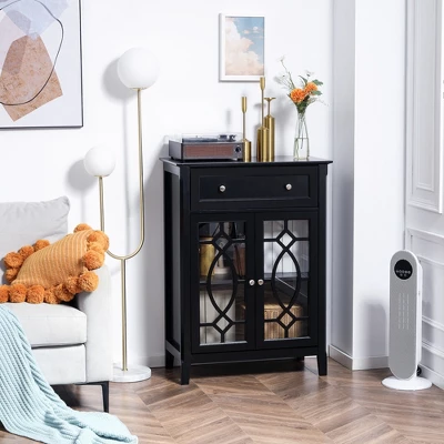 HOMCOM Kitchen Cabinet, Storage Cabinet, Sideboard Floor Accent Cabinet W/ 2 Glass Doors, Drawer, Adjustable Shelves For Living Room Entryway, Black 4 HOMCOM Kitchen Cabinet, Storage Cabinet, Sideboard Floor Accent Cabinet W/ 2 Glass Doors, Drawer, Adjustable Shelves For Living Room Entryway, Black - Image 2