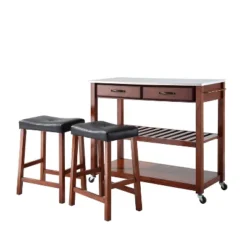 Stainless Steel Top Kitchen Prep Cart With 2 Upholstered Saddle Stools Cherry - Crosley -Dine Furniture GUEST beecc99e ac30 4e75 9d30 75938ebebcd8