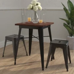 Merrick Lane 23.5 Steel Indoor Contemporary Table With Square Rustic Wood Top