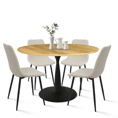 Harrison+Bingo 5-Piece Round-Shaped Wood Grain Dining Table Set With 4 Upholstered Chairs Black Legs-Maison Boucle 4 Harrison+Bingo 5-Piece Round-Shaped Wood Grain Dining Table Set With 4 Upholstered Chairs Black Legs-Maison Boucle - Image 2