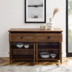 Millia Transitional Farmhouse 4 Door Sideboard With Glass Panels - Saracina Home -Dine Furniture GUEST d143523c bfb8 4b60 ae3f 8b75314b0281