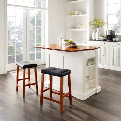 Coventry Drop Leaf Top Kitchen Island With Upholstered Saddle Stools White - Crosley 5 Coventry Drop Leaf Top Kitchen Island With Upholstered Saddle Stools White - Crosley - Image 3