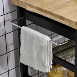 HOMCOM 3-Tier Utility Kitchen Cart With Handle Bar, Steel Basket Rolling Cart, Food Storage Service Trolley With Drawer, Rubber Wood Top, Black -Dine Furniture GUEST d5aef0d5 ffc8 4e0c be43 ad2395f7cdd8