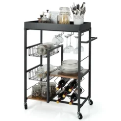 Costway 4-Tier Kitchen Carts Rolling Serving Trolley Wine Rack Removable Tray Basket -Dine Furniture GUEST d6ec44c6 b1f1 405f 9a2d 3dbc79a86272