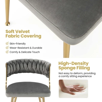 Costway Velvet Dining Chair Set Of 2 Upholstered Modern Accent Chair With Woven Back Grey/White 6 Costway Velvet Dining Chair Set Of 2 Upholstered Modern Accent Chair With Woven Back Grey/White - Image 4