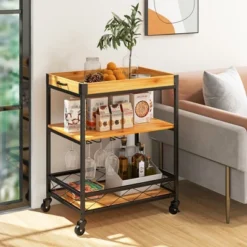 Costway 3-Tier Wine Bar Cart Rolling Rack Serving Trolley Detachable Top & Glass Holder -Dine Furniture GUEST dad10b2e f7e9 4ed8 acf0 a01613aa0548