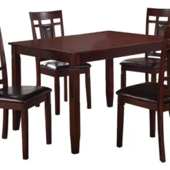 5pc Wooden And Leather Dining Set Brown/Black - Benzara -Dine Furniture GUEST dd1b72cc 8d63 42f2 b948 035ead9d6ed8
