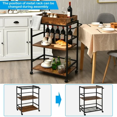 Costway 3-Tier Rolling Bar Cart Kitchen Serving Cart W/ Removable Tray & Handle 6 Costway 3-Tier Rolling Bar Cart Kitchen Serving Cart W/ Removable Tray & Handle - Image 4