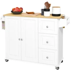 HOMCOM Kitchen Island With Drop Leaf, Rolling Kitchen Cart On Wheels With 3 Drawers, Cabinet, Natural Wood Top, Spice Rack And Towel Rack, White 9 HOMCOM Kitchen Island With Drop Leaf, Rolling Kitchen Cart On Wheels With 3 Drawers, Cabinet, Natural Wood Top, Spice Rack And Towel Rack, White -Dine Furniture GUEST ded0e503 0144 4f5f 8e54 e97a76e8064f
