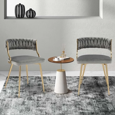 Costway Velvet Dining Chair Set Of 2 Upholstered Modern Accent Chair With Woven Back Grey/White 4 Costway Velvet Dining Chair Set Of 2 Upholstered Modern Accent Chair With Woven Back Grey/White - Image 2