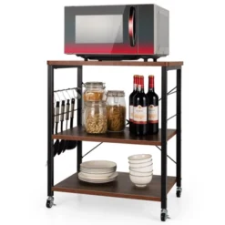 Tangkula Kitchen Baker's Rack 3-Tier Microwave Cart With Wheels&10 Hooks Rustic Brown/Maple/Vintage/Nut Brown 17 Tangkula Kitchen Baker's Rack 3-Tier Microwave Cart With Wheels&10 Hooks Rustic Brown/Maple/Vintage/Nut Brown -Dine Furniture GUEST e62eee9c dc8b 425c 8851 363656cd5883