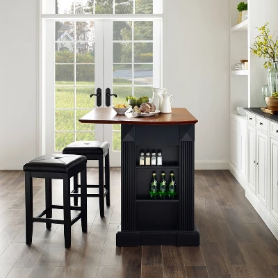 Coventry Drop Leaf Top Kitchen Island With Upholstered Square Stools Black - Crosley 5 Coventry Drop Leaf Top Kitchen Island With Upholstered Square Stools Black - Crosley - Image 3
