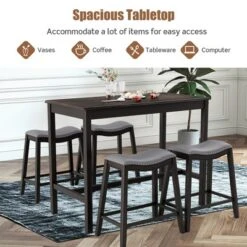 Costway 5PCS Bar Table Set Counter Height Table & Upholstered Saddle Stools Set For 4 -Dine Furniture GUEST ece2ca04 7302 4c2d aad4 d47a939ee194