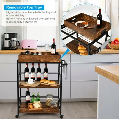 Costway 3-Tier Rolling Bar Cart Kitchen Serving Cart W/ Removable Tray & Handle 8 Costway 3-Tier Rolling Bar Cart Kitchen Serving Cart W/ Removable Tray & Handle - Image 6