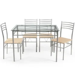 Costway 5 Piece Dining Set Table And 4 Chairs Glass Top Kitchen Breakfast Furniture Brown -Dine Furniture GUEST f2346b88 2489 428d b536 358aa1a19dbb