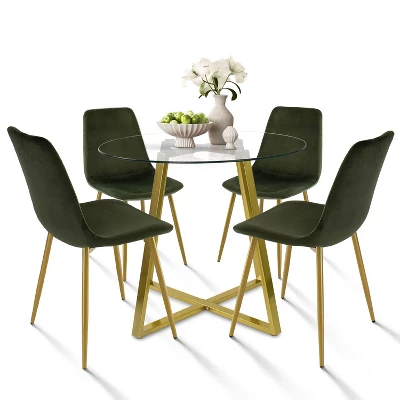 Hana + Bingo 5-Piece Round Clear Glass Dining Table Set With 4 Upholstered Chairs Gold Legs - The Pop Maison 3 Hana + Bingo 5-Piece Round Clear Glass Dining Table Set With 4 Upholstered Chairs Gold Legs - The Pop Maison