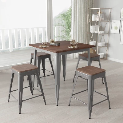 Merrick Lane Set Of 4 24 Inch Tall Clear Coated Gray Metal Bar Counter Stool With Textured Walnut Elm Wood Seat 3 Merrick Lane Set Of 4 24 Inch Tall Clear Coated Gray Metal Bar Counter Stool With Textured Walnut Elm Wood Seat