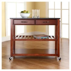 Solid Black Granite Top Kitchen Cart/Island With Optional Stool Storage - Classic Cherry - Crosley -Dine Furniture GUEST f86a57ee 1609 44f4 ad9e 50f0342e60ae