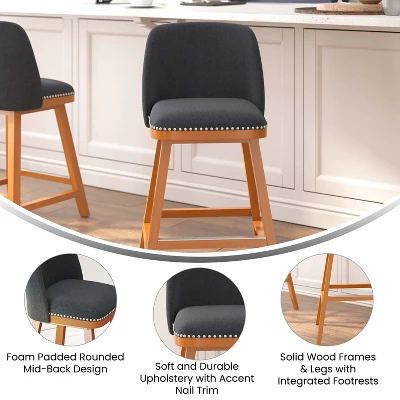 Merrick Lane Set Of 2 Charcoal Faux Linen Upholstered 24" Counter Stools With Nail Head Accent Trim And Walnut Wood Frames 7 Merrick Lane Set Of 2 Charcoal Faux Linen Upholstered 24" Counter Stools With Nail Head Accent Trim And Walnut Wood Frames - Image 5