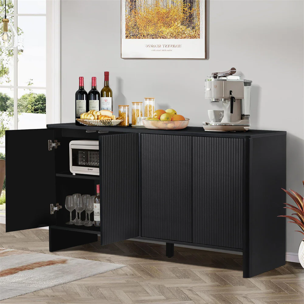 Dine Furniture -Dine Furniture BlackModernKitchenStorageSideboardBuffetCabinetConsoleTablewith4FlutedDoors 5